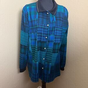 Vintage The American Collection Plaid Knit Cardigan Top Blue Teal USA 20W